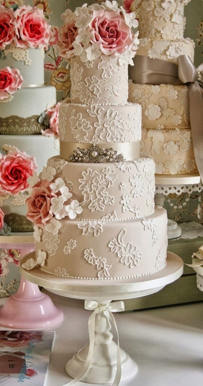 Vintage Inspired Lace Wedding Cakes with Pink Ombre Sugar Roses Topper