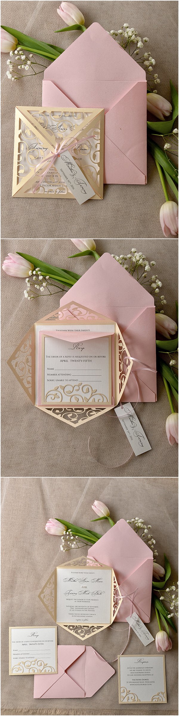 Vintage Patel Pink Blush Gold Laser Cut Wedding Invitation