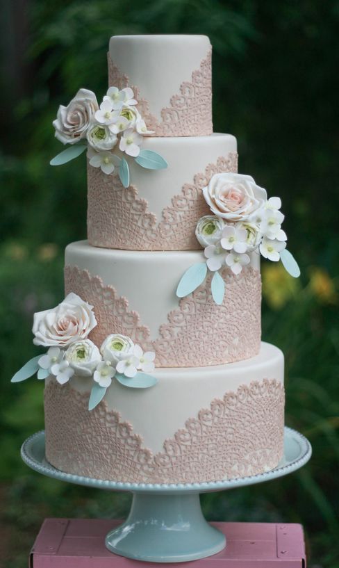 40+ So Pretty Lace Wedding Cake Ideas 34 Vintage Wedding Ideas- white and sand pink lace wedding cake
