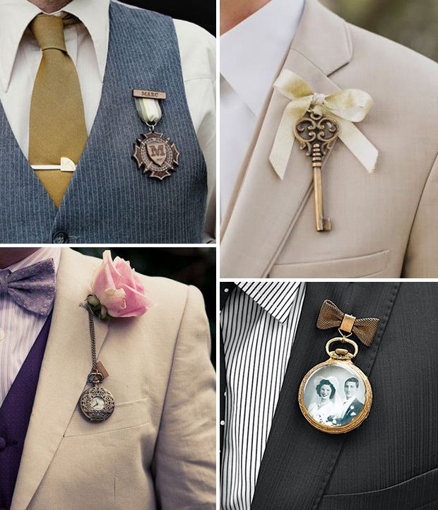 Vintage style groom boutonnieres for steampunk wedding
