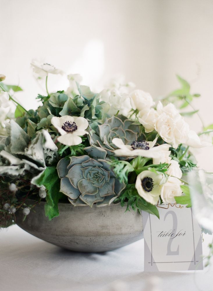 White Anemones and Green Succulent Centerpiece