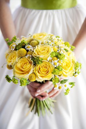 Yellow roses and billy balls lime green bridal bouquet
