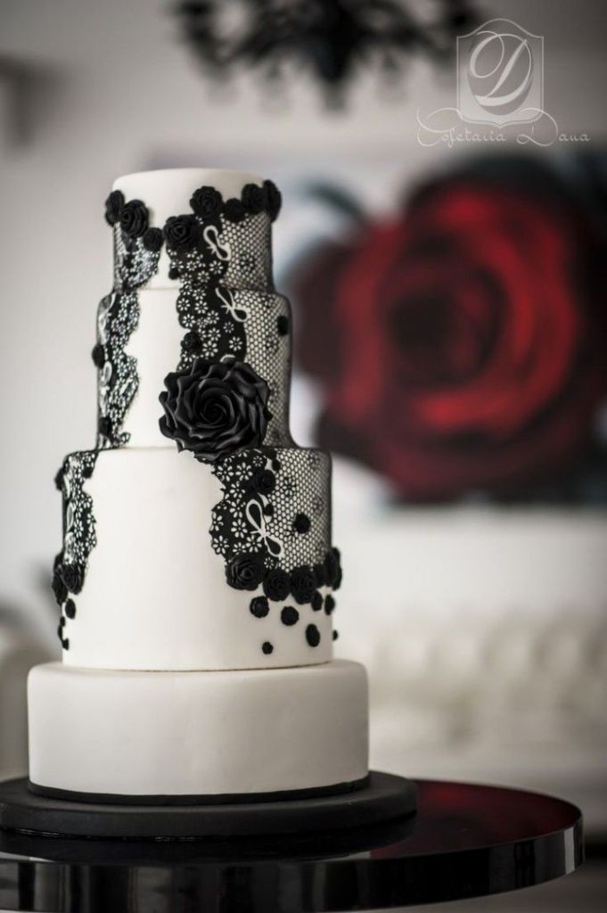 black and white lace wedding cake with black roses