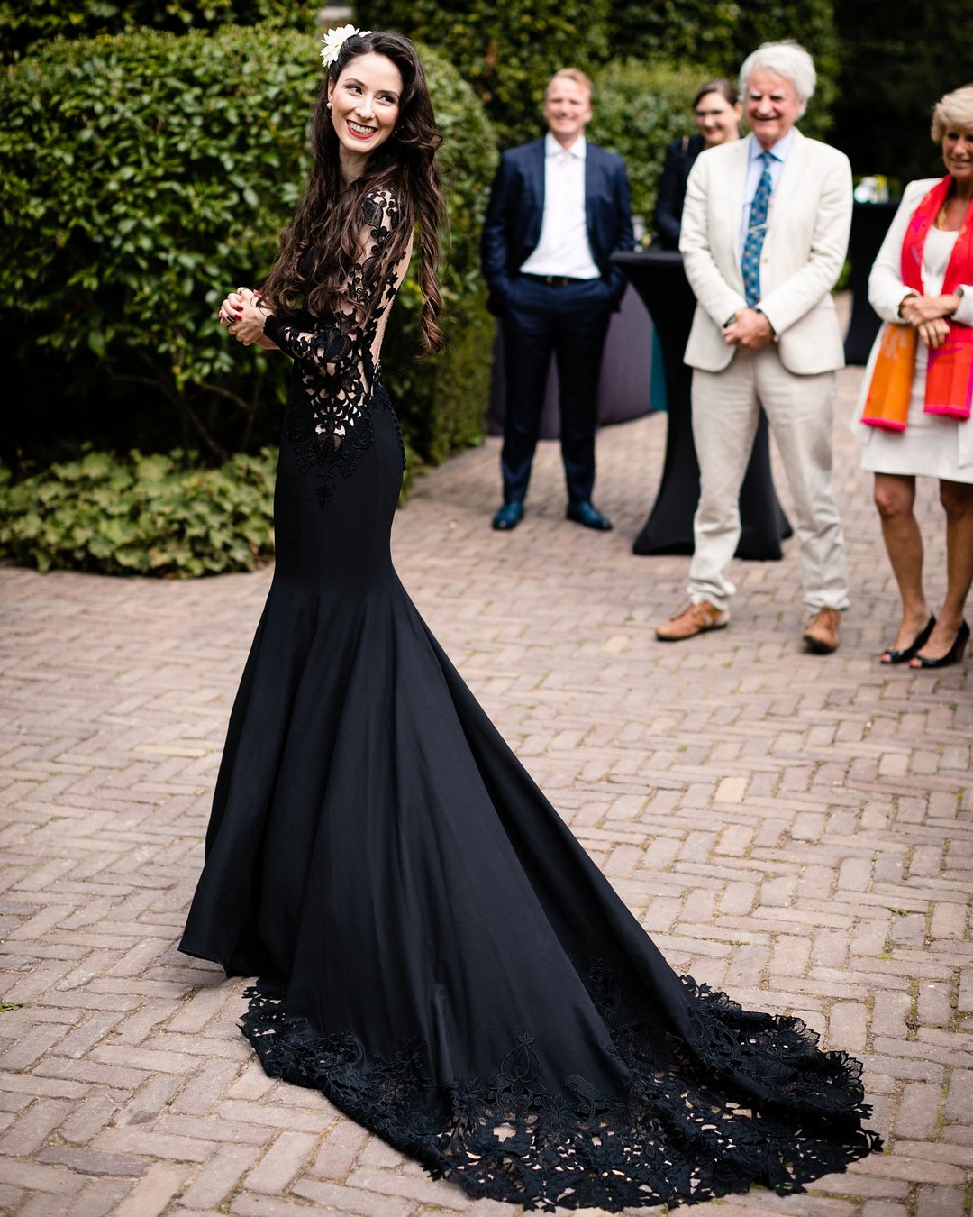 black mermaid laser cut lace wedding dress