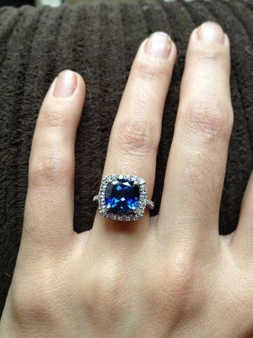 blue diamond cushion cut engagement ring