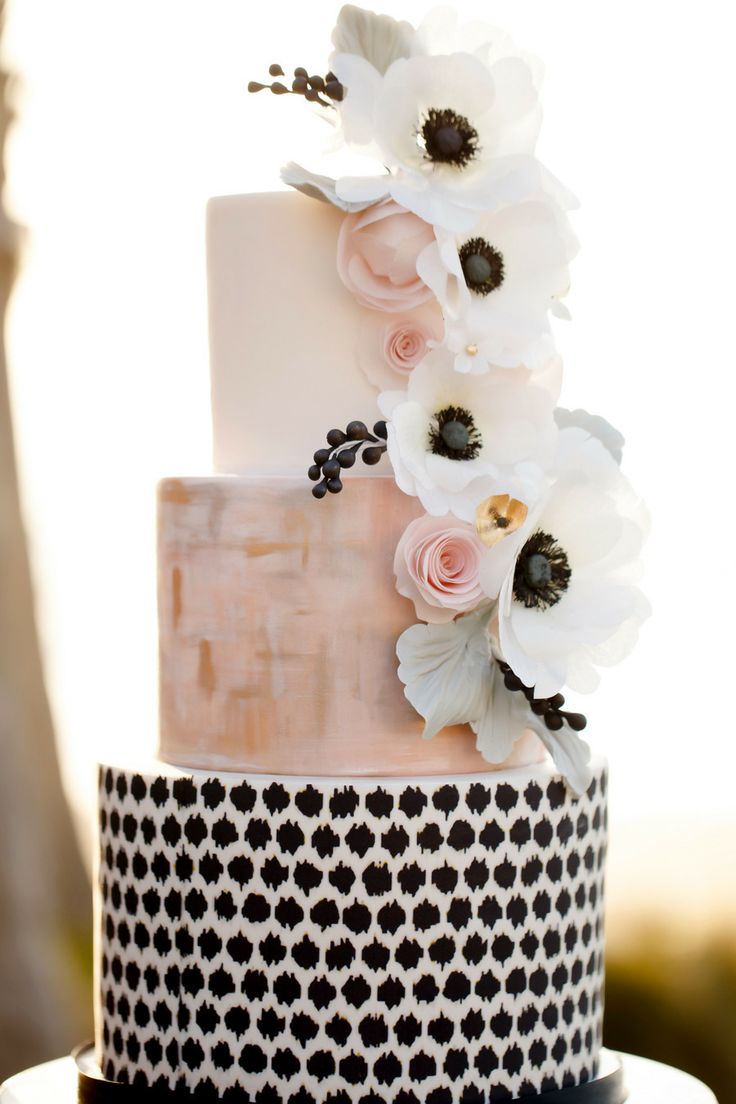 blush watercolor black and white wedding cake