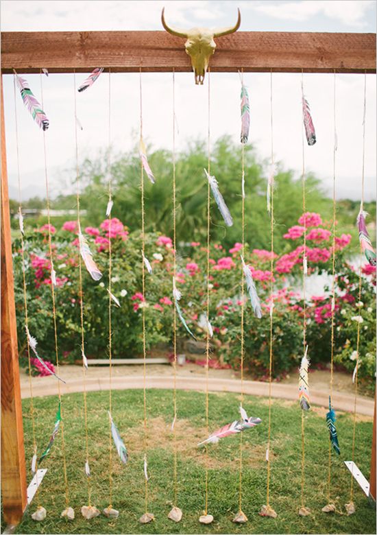 boho diy feathers wedding ceremony backdrop