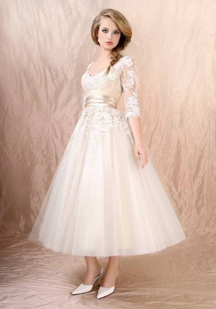 bridal tea length bridal dress with sleeves