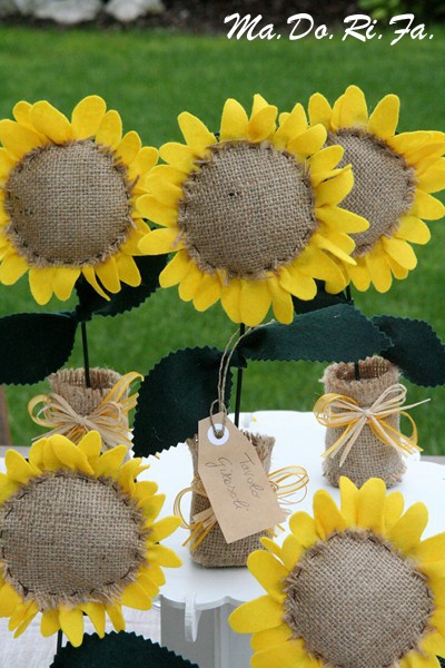 burlap and fabric sunflower name card holders and wedding favors