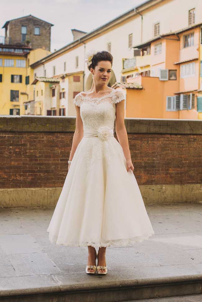 cap sleeves tea length wedding dress with flower belt