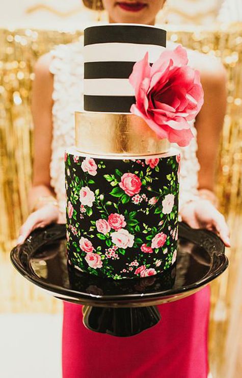 colorful flowers printed whimsical modern black and white wedding cake