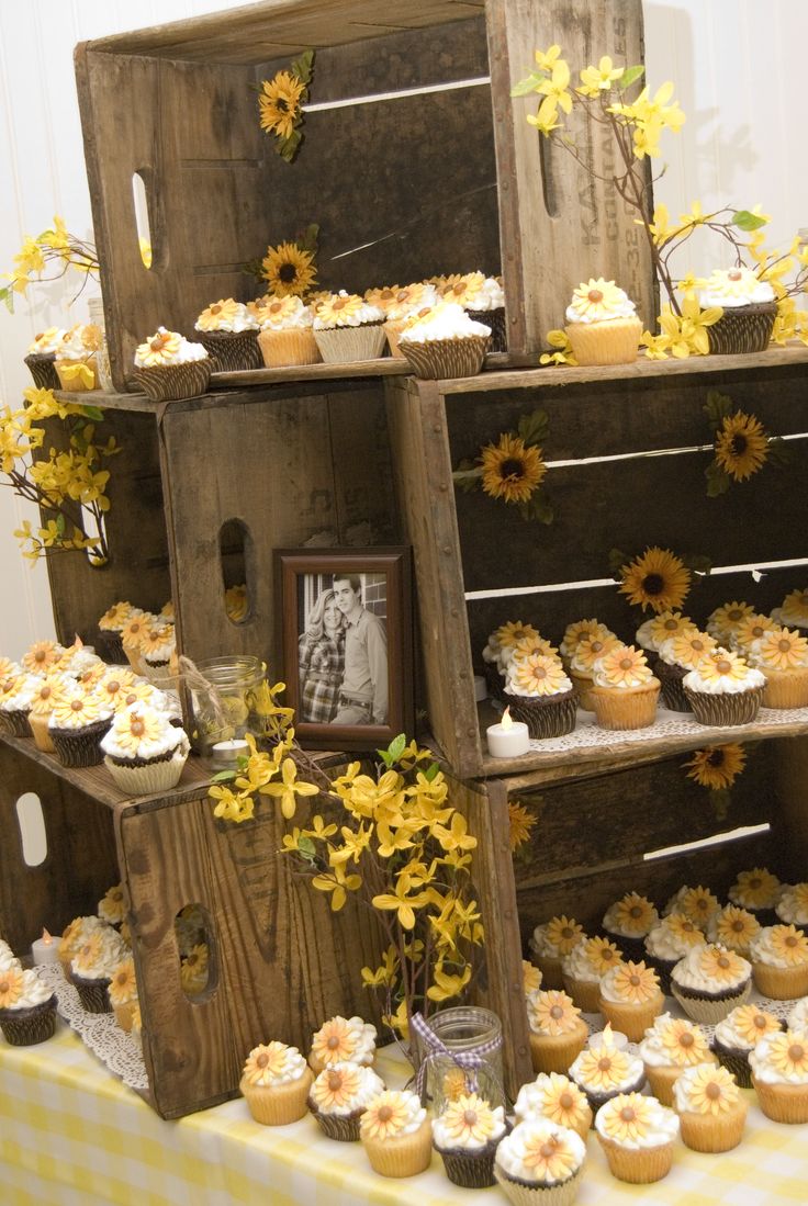 25 Amazing Rustic Wedding Cupcake & Stands 25 cupcakes Country wedding mason jars sunflowers yellow and purple