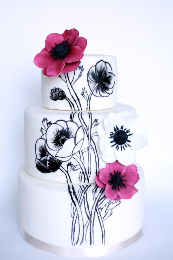 dark pink anemone painted wedding cake