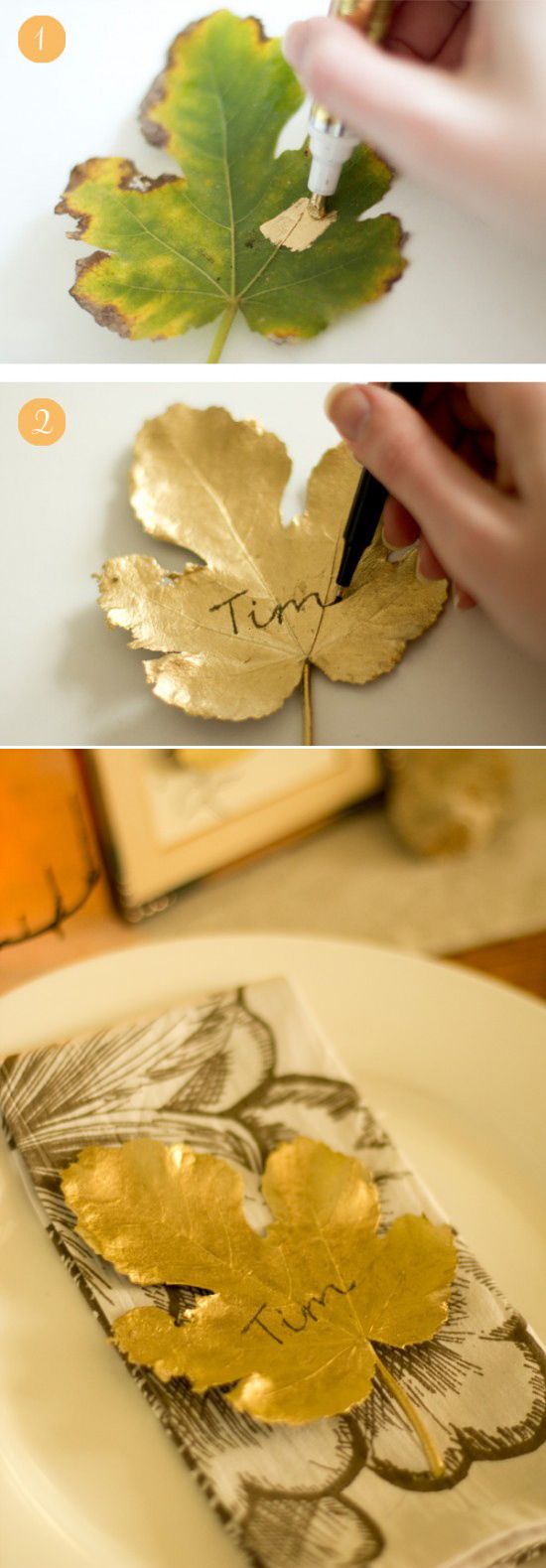 diy wedding ideas-DIY Gilded Leaf Placecards