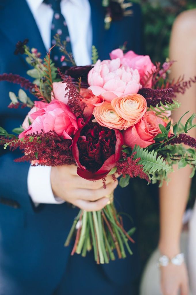 dramatic fall wedding bouquet of peonies ranunculus roses and astilbe by The Little Branch