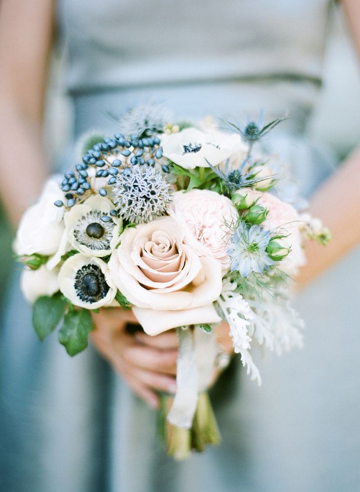 dusty blue bridesmaid bouquet with anemones