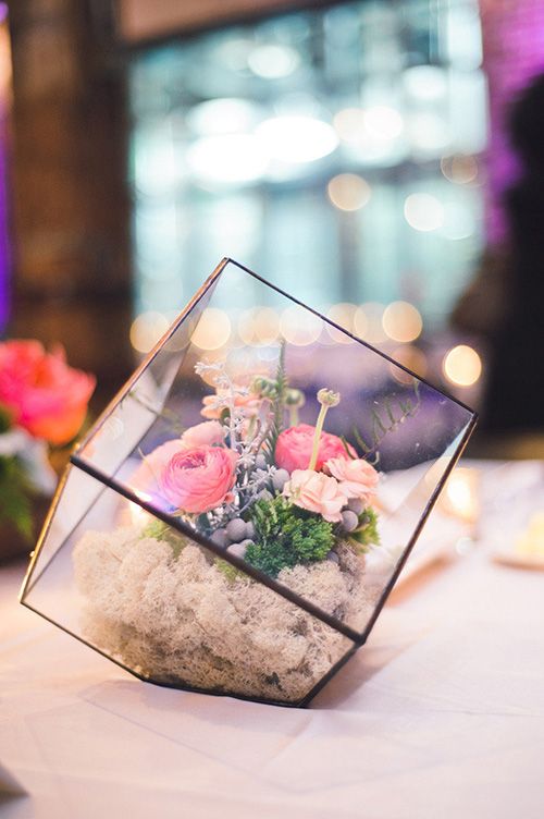 2025 Modern Terrarium Geometric Wedding Details & Ideas 10 flowers in wedding terrarium centerpiece