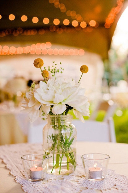 flowers mason jar votives and lace