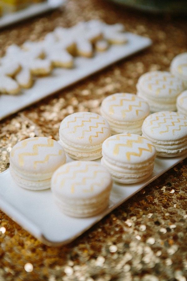 gold and white chevron macarons