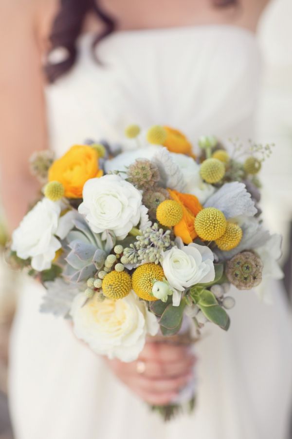 gray succulent yellows billy balls and white roses wedding bouquet