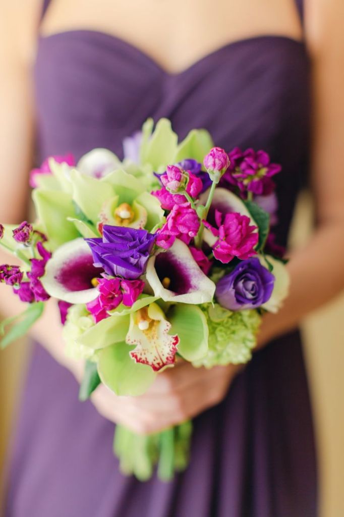 green and purple autumn bridesmaid bouquet for elegant ballroom wedding