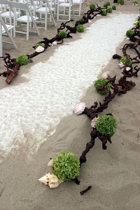green hydrangeas and wood beach wedding aisle ideas