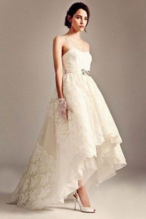high-low lace wedding gown with belt