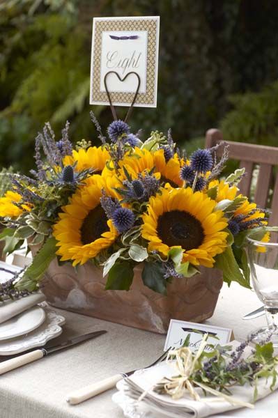 [iecesRustic Sunflowers and Lavender Wedding Centerpieces