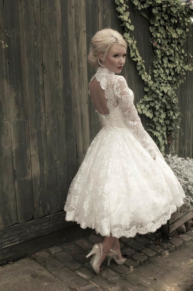 keyhole short lace wedding dress with long sleeves
