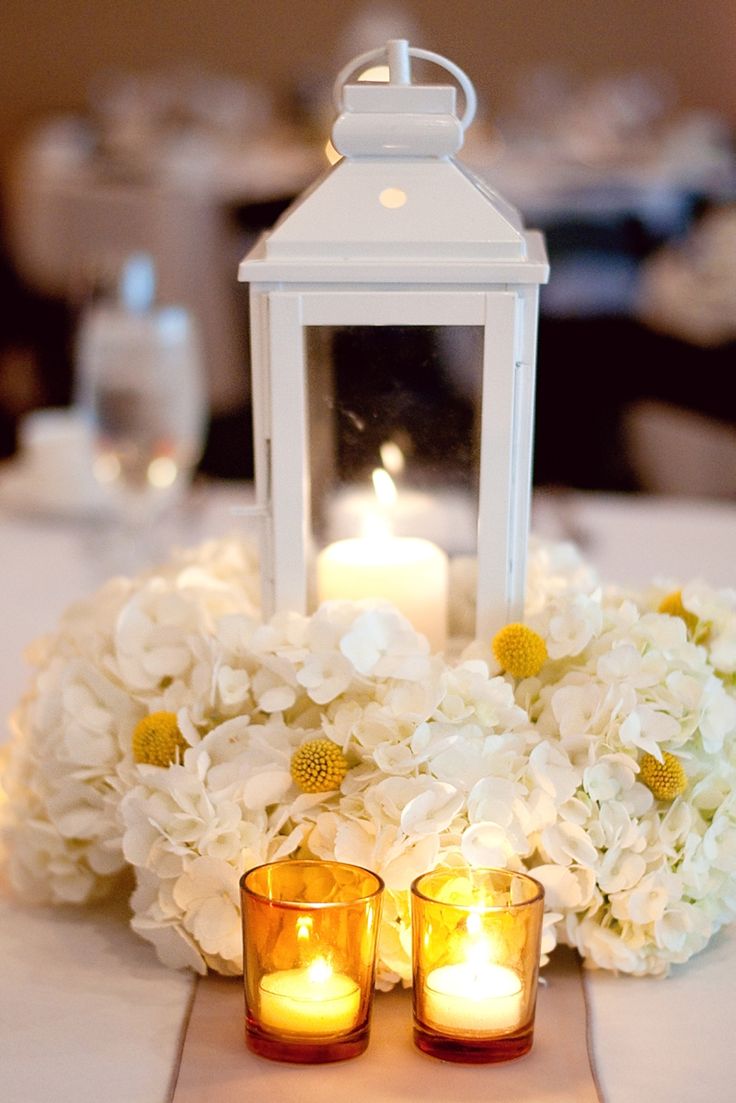 lantern wedding centerpiece with hydrangea accents