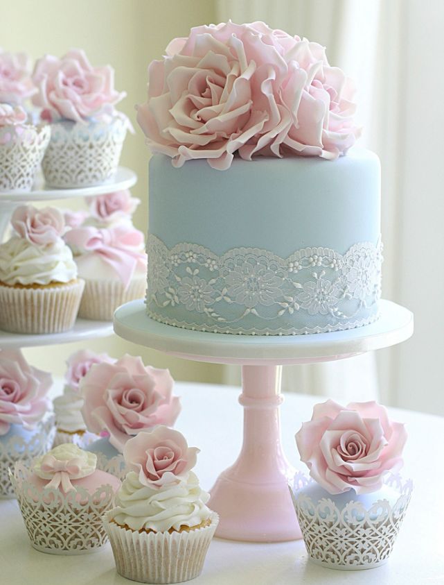 light blue lace wedding cakes and cupcake with pink sugar roses