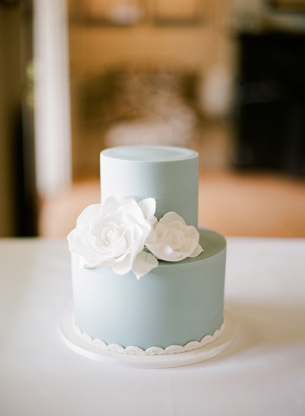 light blue mini wedding cake with white flowers