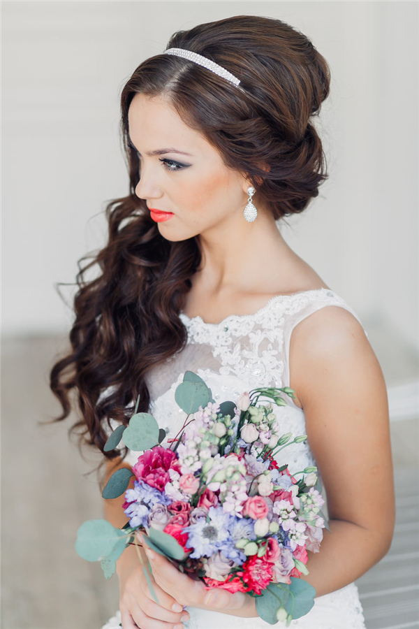 long half up wavy wedding hairstyle with headpiece