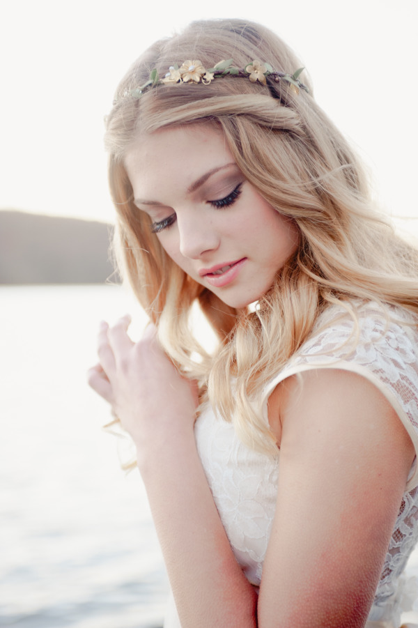 long wedding hairstyle with cute flower crown