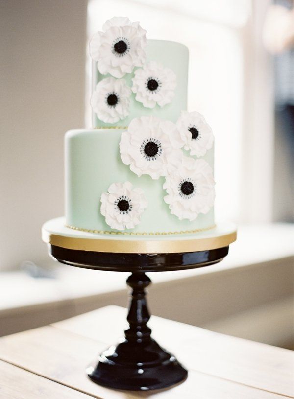 mint and white anemones wedding cake