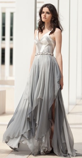 mira zwillinger silver ombre v neck geometric wedding dress