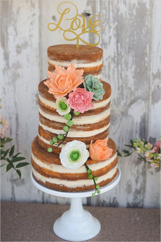 naked wedding cake with sugar flowers
