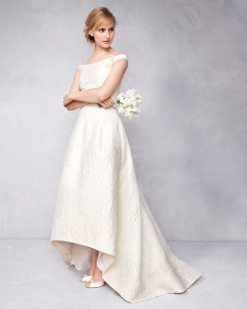 off-shoulder ivory hi-low wedding dress