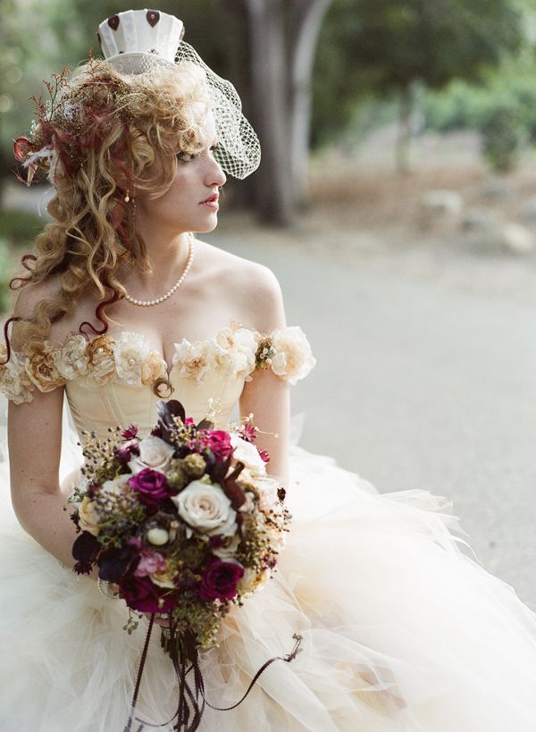 off-shoulder steampunk Victorian Tulle Wedding Dress