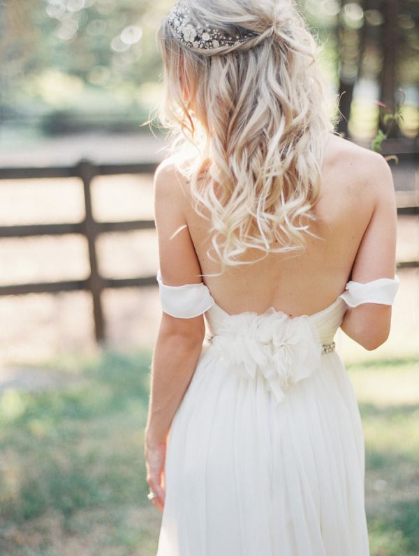 open back and off shoulder wedding dress