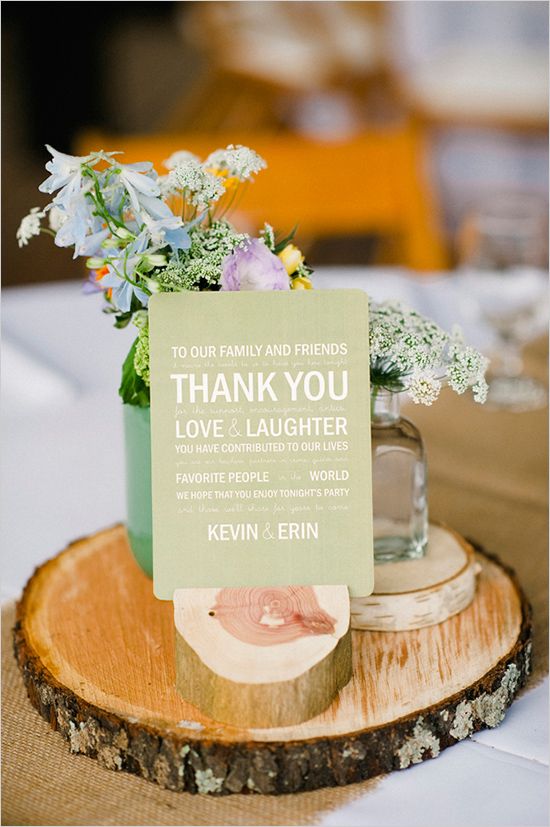 pastel blue and green wedding center piece with thank you cards