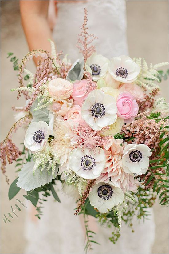pastel cream and pink anemone wedding bouquet