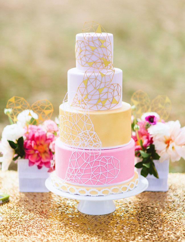 pink and yellow geometric heart cake