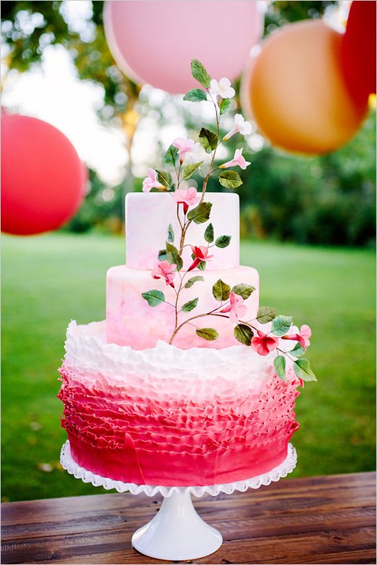 pink ombre wedding cake and pink dessert table ideas