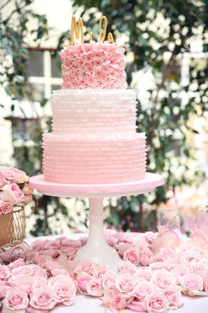 pink ombre wedding cake with pink roses