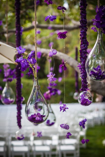 purple hanging petals wedding backdrop