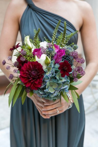 Gallery: red and green hydrangea ranunculus fall bridesmaid bouquets