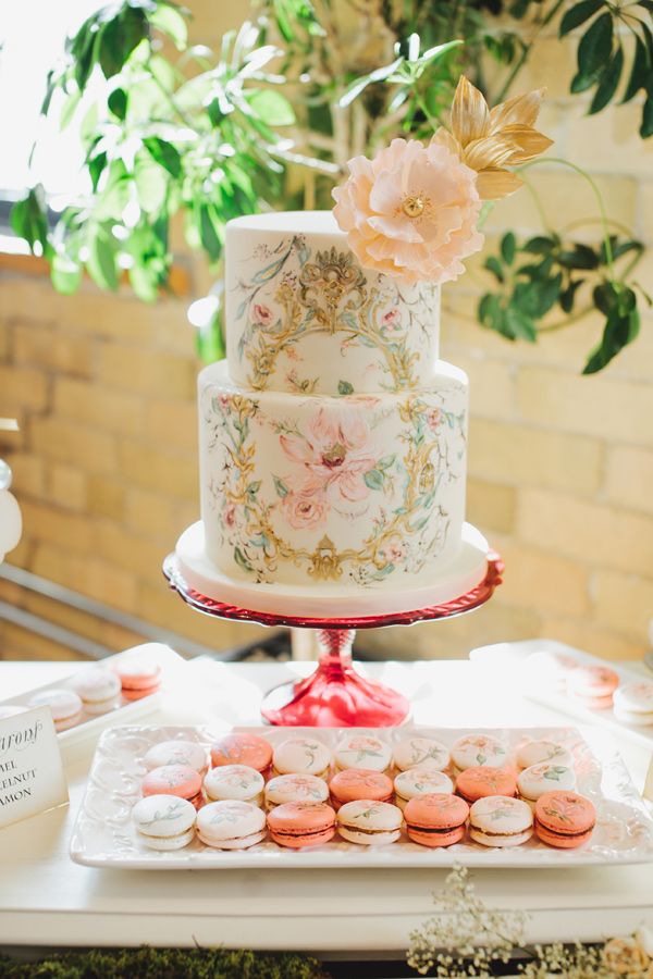 romantic coral watercolor floral printed wedding cake