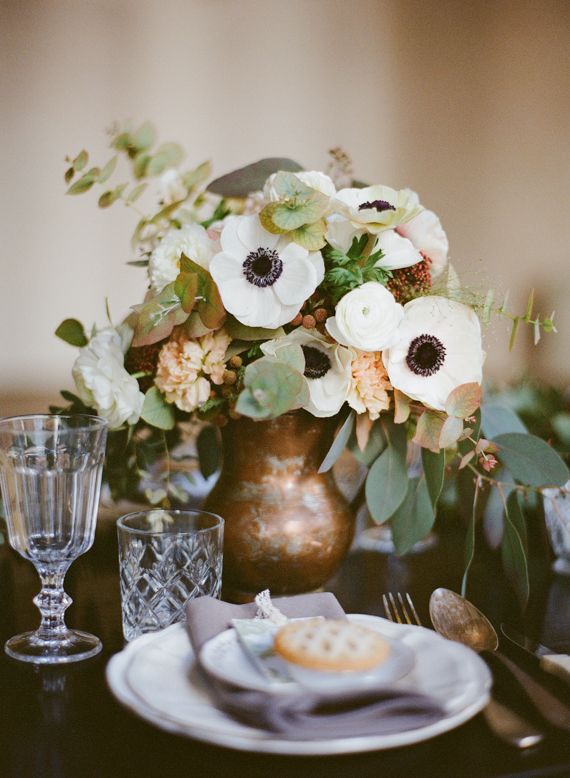 rustic centerpiece with white anemones