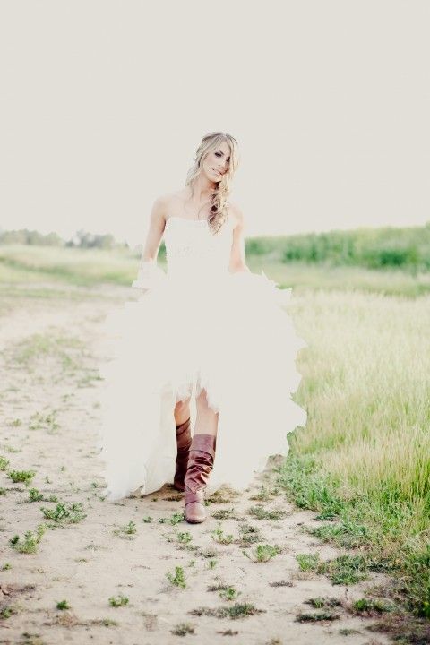 rustic high-low tulle wedding dress with cowboy boot